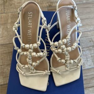 Stuart Weitzman Pearl Knot Block White Shoes, size 5.5